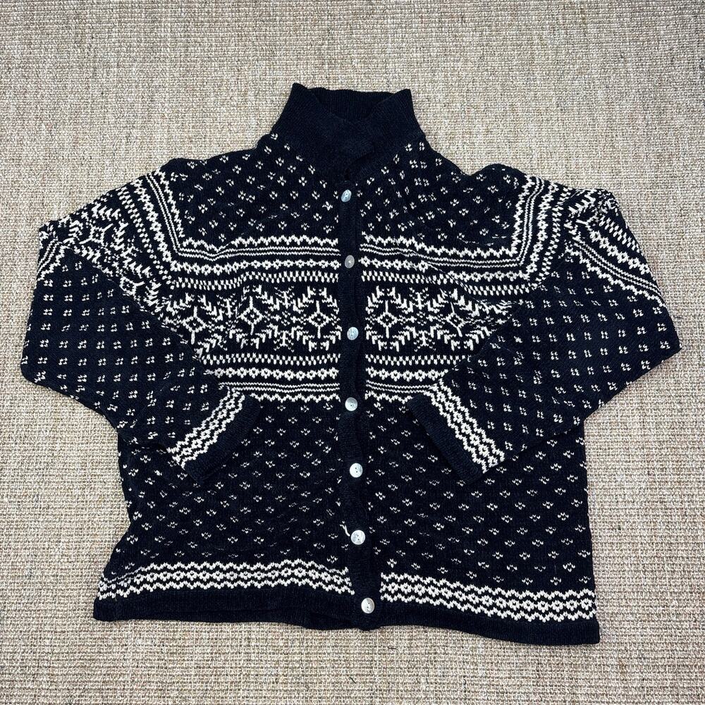 🖤 Vintage Silk Fair Isle Nordic Cardigan |  L | Black White | Nordic
